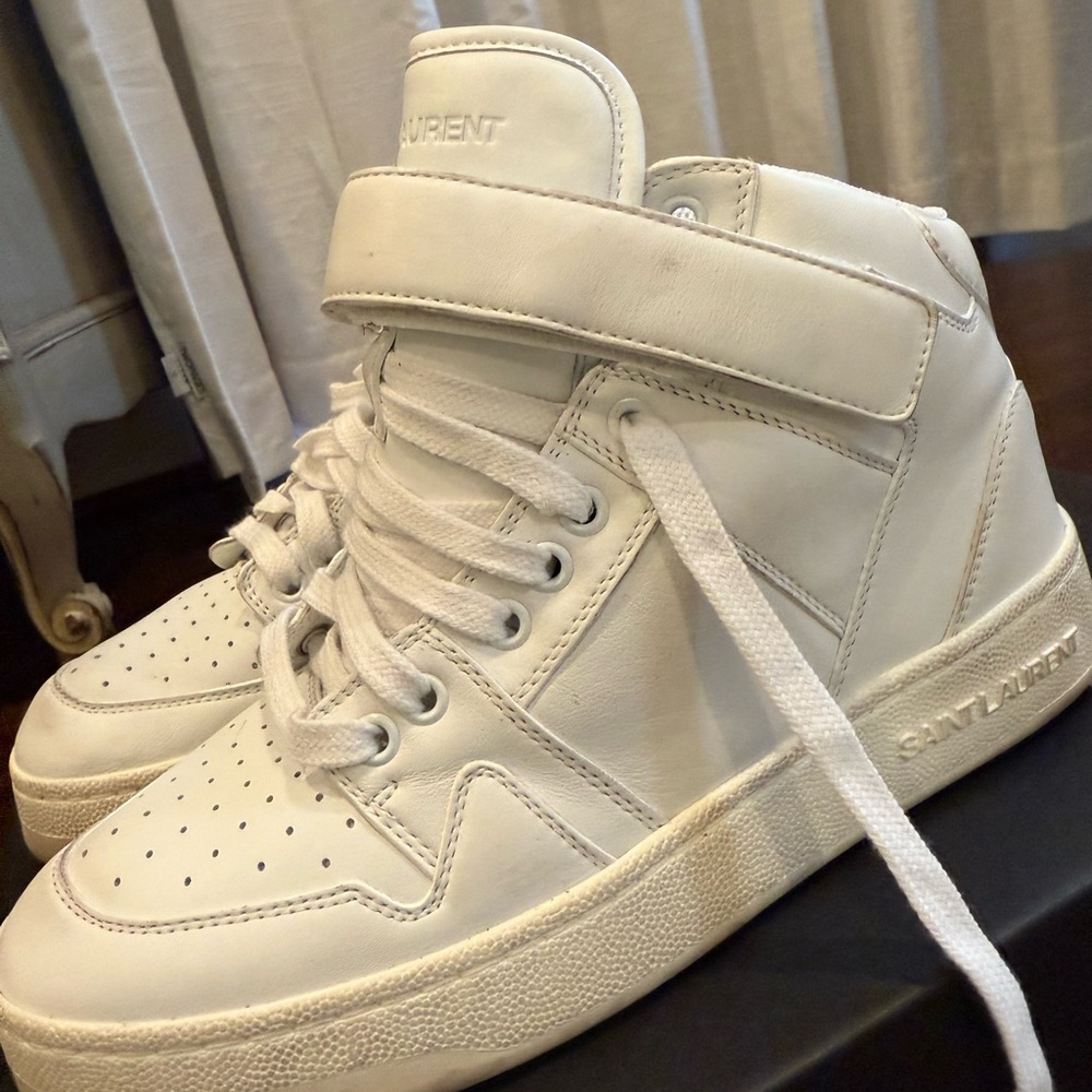 Saint Laurent White Lax distressed Lace-Up Sneakers - Picture 6 of 16